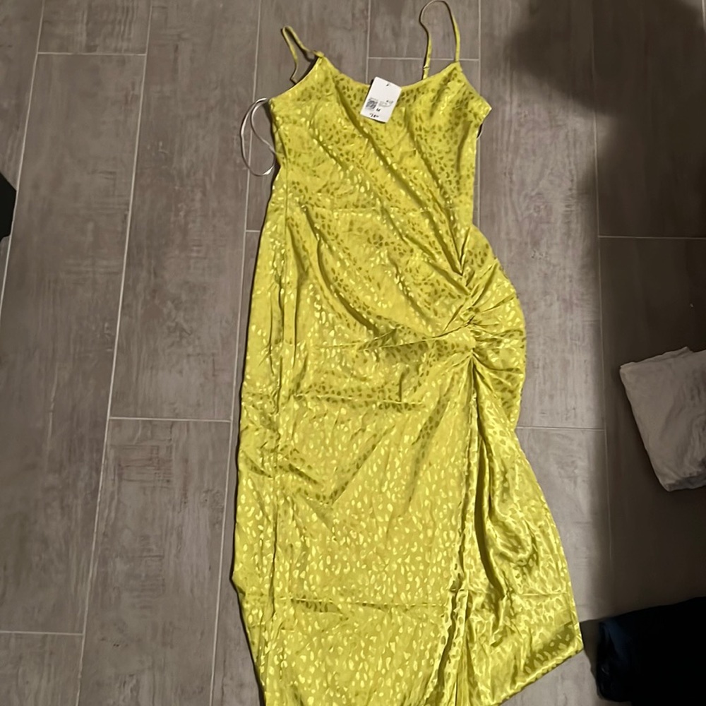 Neon green cheetah print dress with slit